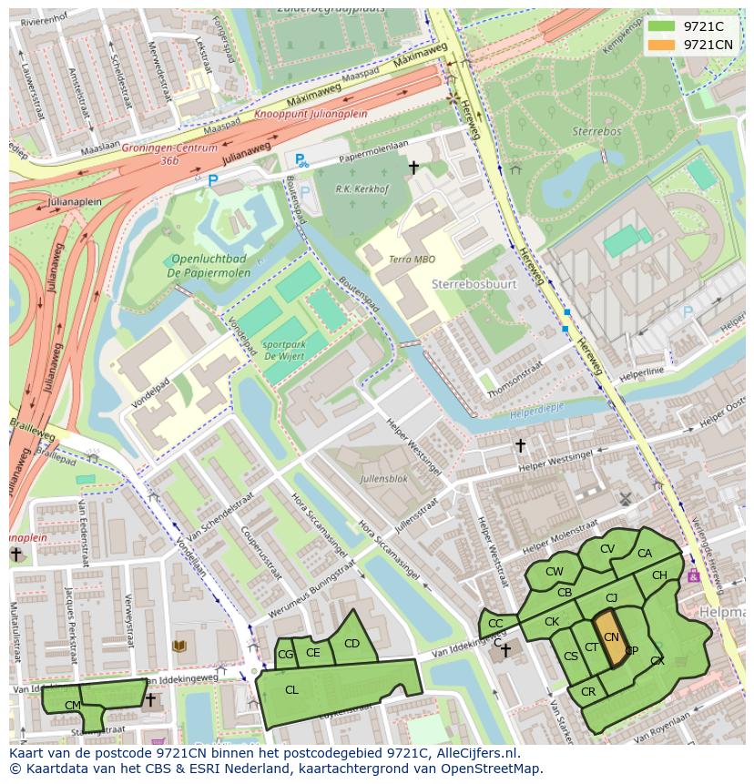 Afbeelding van het postcodegebied 9721 CN op de kaart.