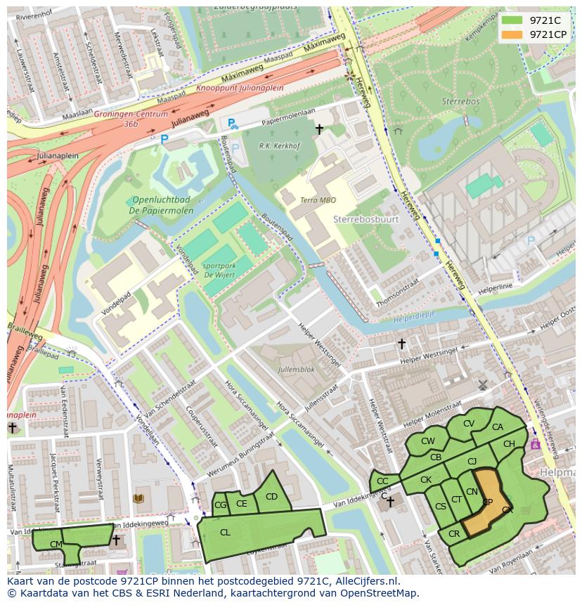 Afbeelding van het postcodegebied 9721 CP op de kaart.