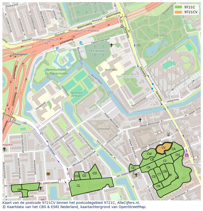 Afbeelding van het postcodegebied 9721 CV op de kaart.
