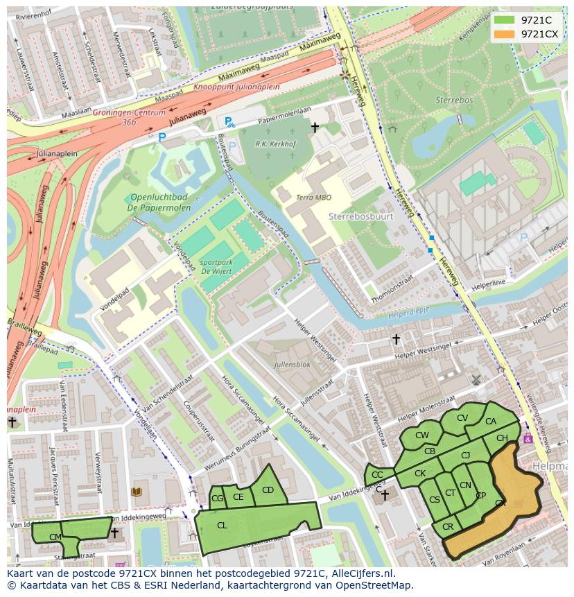 Afbeelding van het postcodegebied 9721 CX op de kaart.