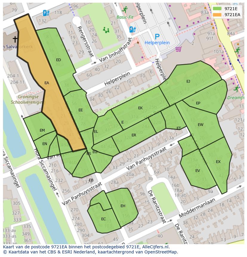 Afbeelding van het postcodegebied 9721 EA op de kaart.