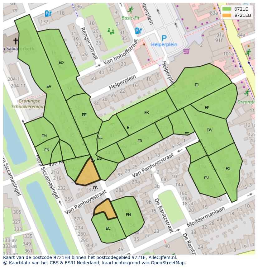 Afbeelding van het postcodegebied 9721 EB op de kaart.