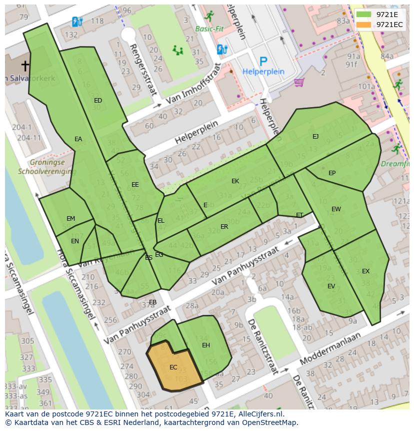 Afbeelding van het postcodegebied 9721 EC op de kaart.