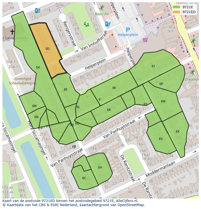 Afbeelding van het postcodegebied 9721 ED op de kaart.