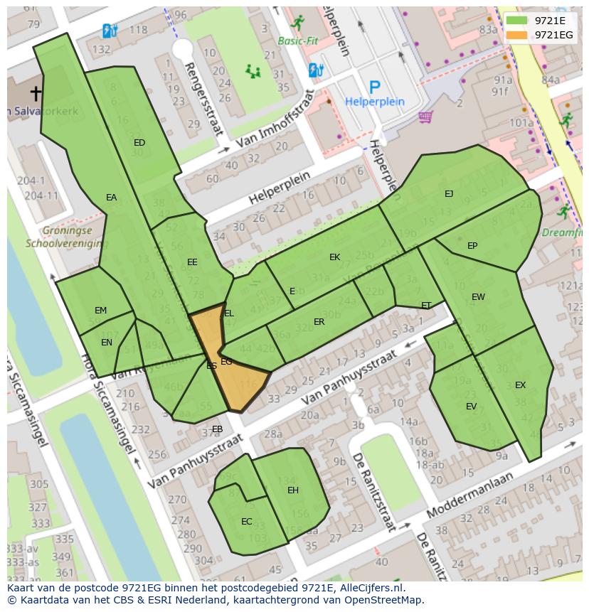 Afbeelding van het postcodegebied 9721 EG op de kaart.