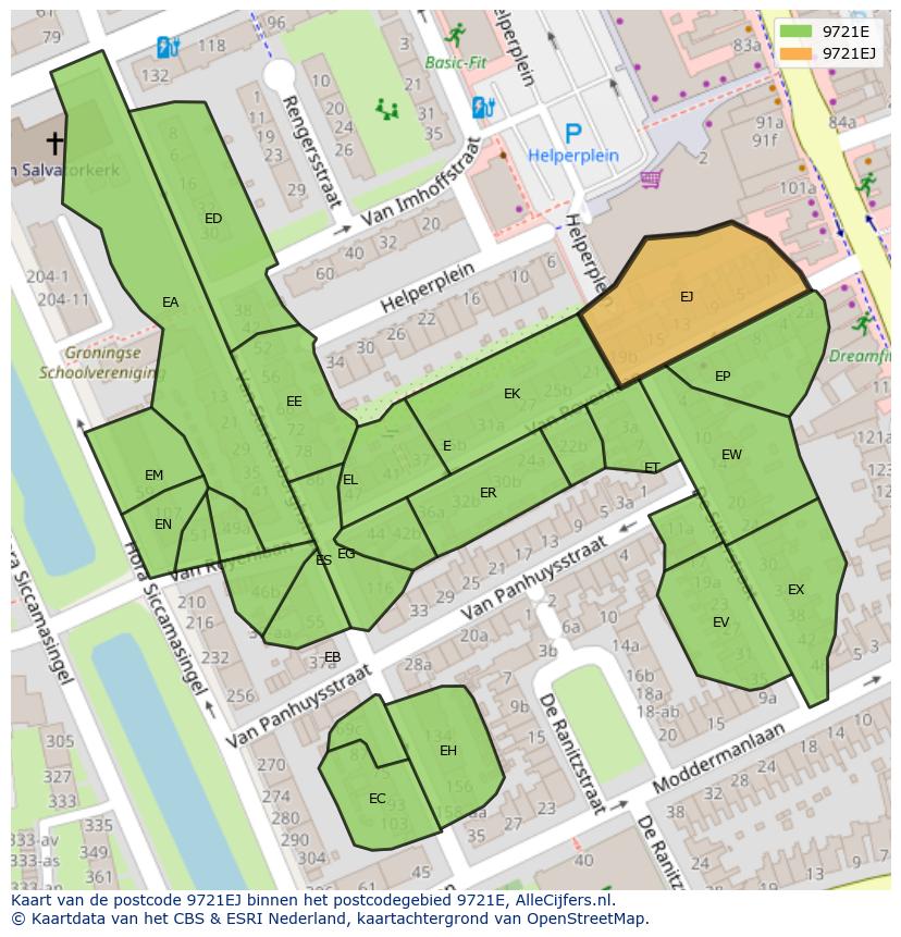 Afbeelding van het postcodegebied 9721 EJ op de kaart.