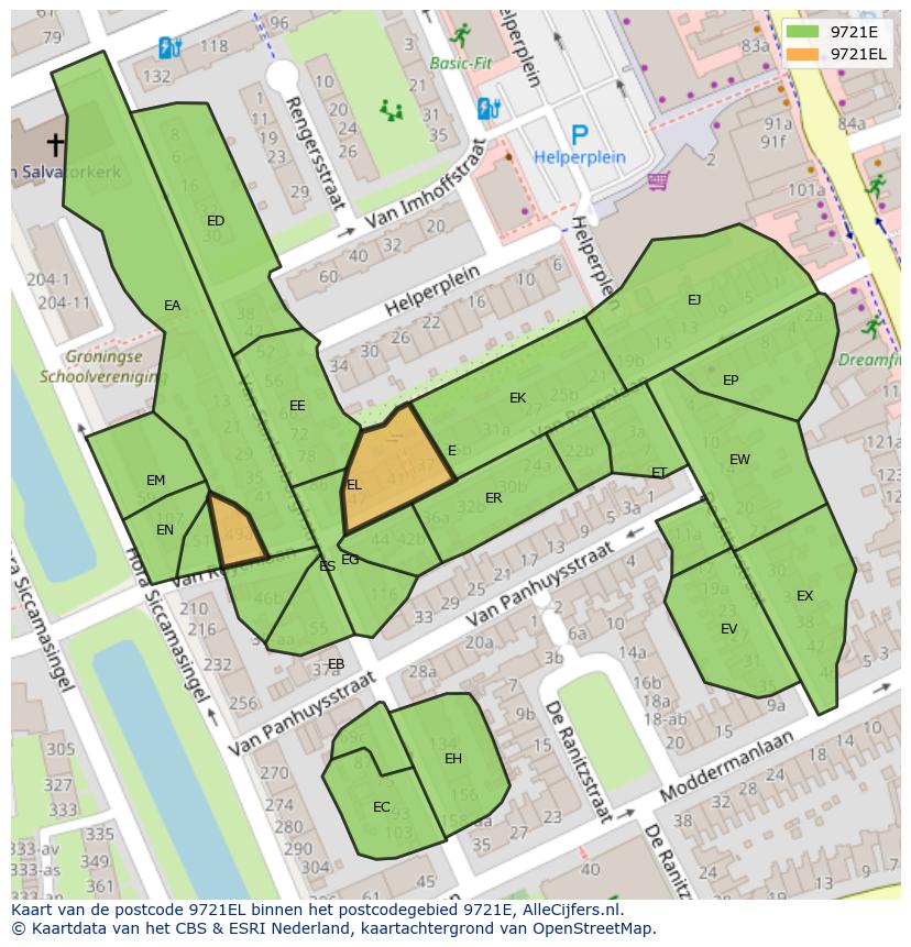 Afbeelding van het postcodegebied 9721 EL op de kaart.