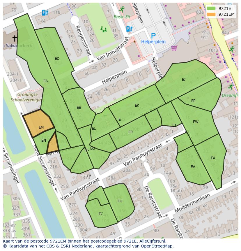Afbeelding van het postcodegebied 9721 EM op de kaart.