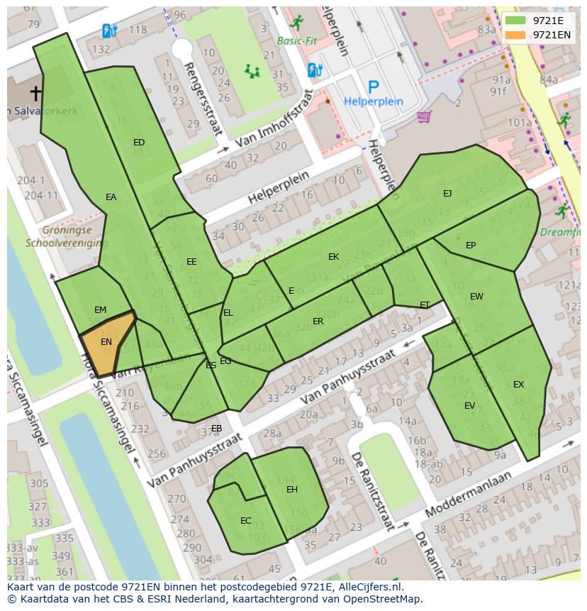 Afbeelding van het postcodegebied 9721 EN op de kaart.