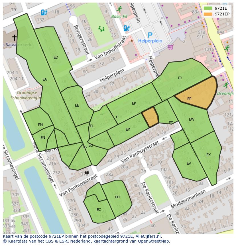 Afbeelding van het postcodegebied 9721 EP op de kaart.