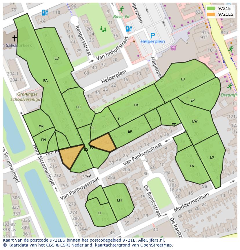 Afbeelding van het postcodegebied 9721 ES op de kaart.