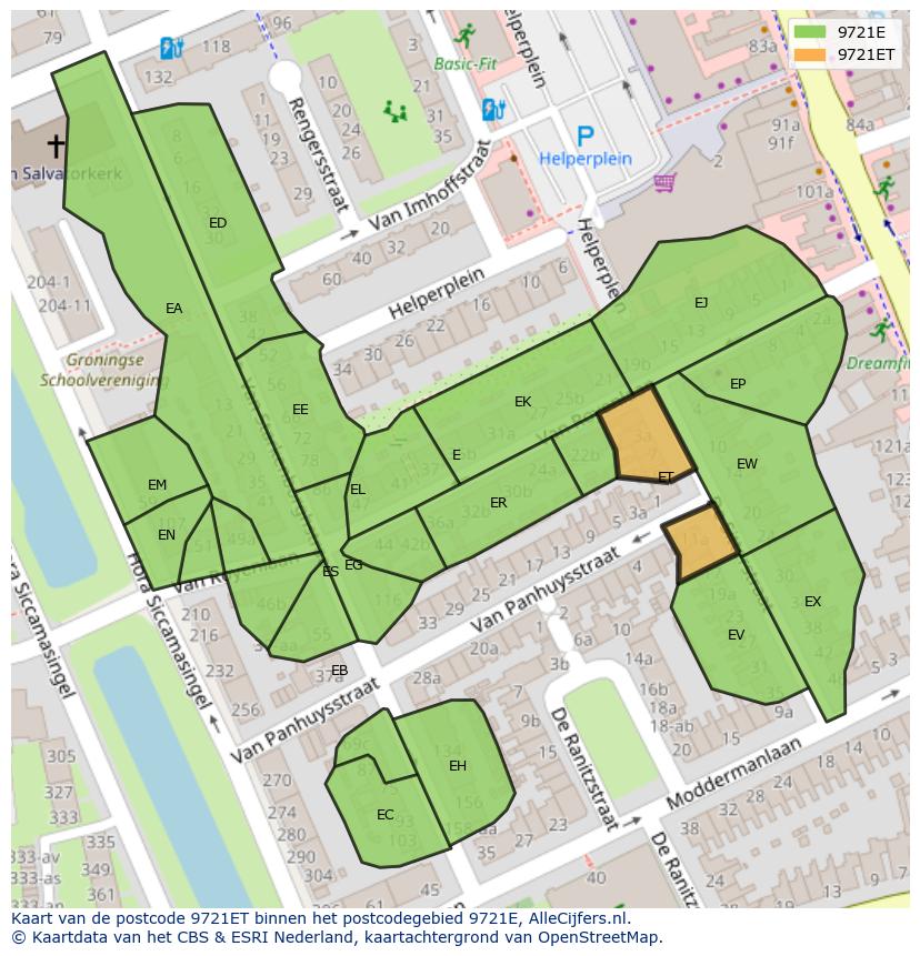 Afbeelding van het postcodegebied 9721 ET op de kaart.