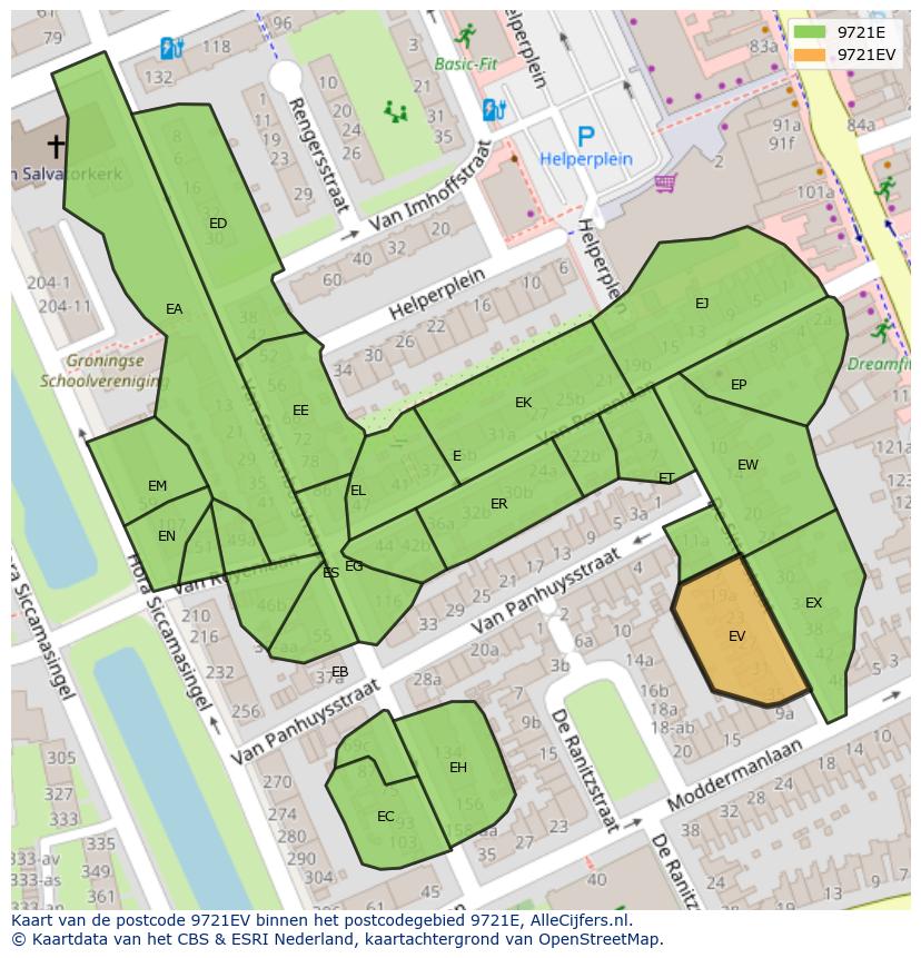 Afbeelding van het postcodegebied 9721 EV op de kaart.