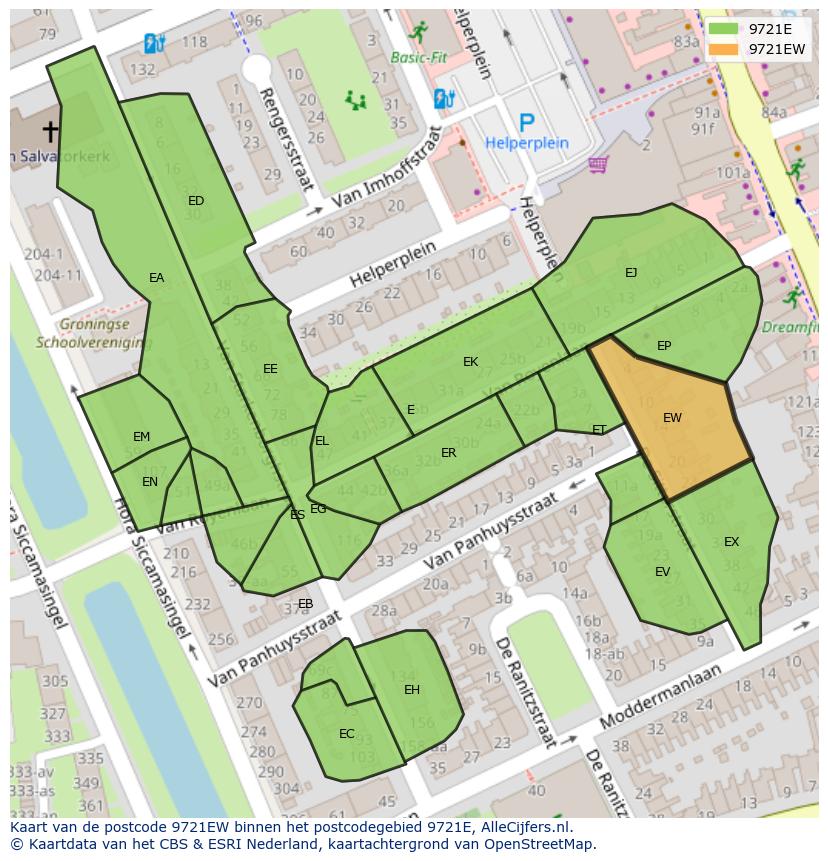 Afbeelding van het postcodegebied 9721 EW op de kaart.