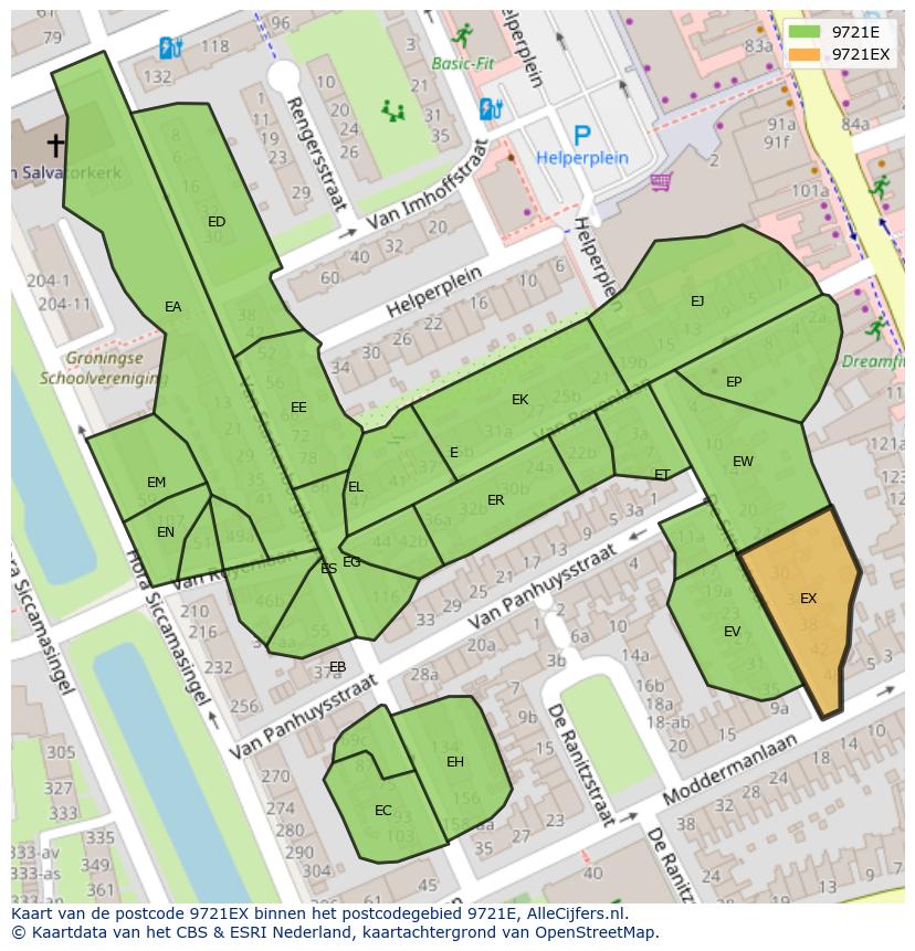 Afbeelding van het postcodegebied 9721 EX op de kaart.