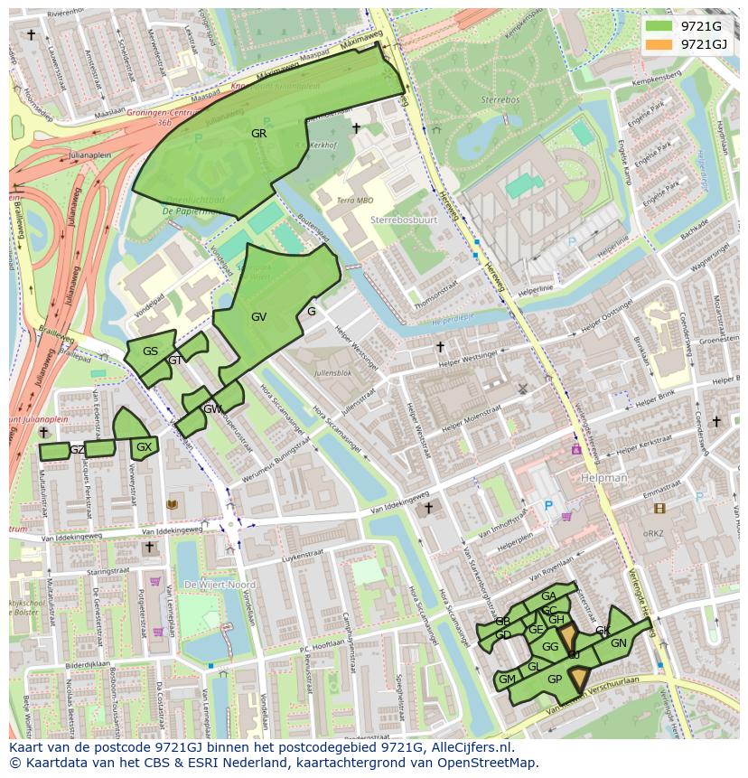 Afbeelding van het postcodegebied 9721 GJ op de kaart.