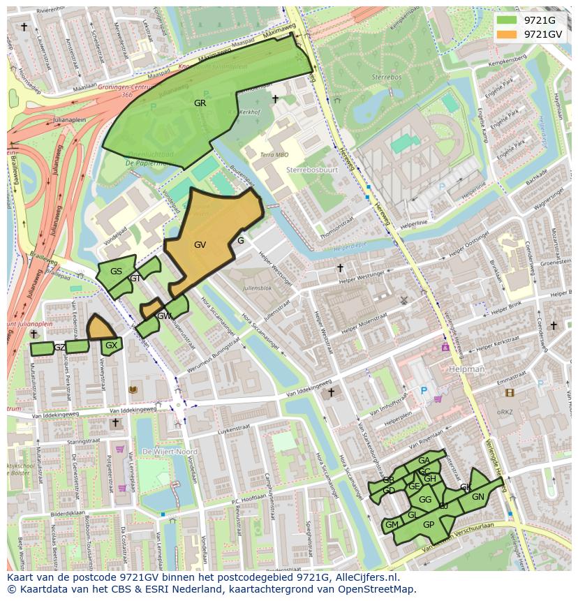 Afbeelding van het postcodegebied 9721 GV op de kaart.