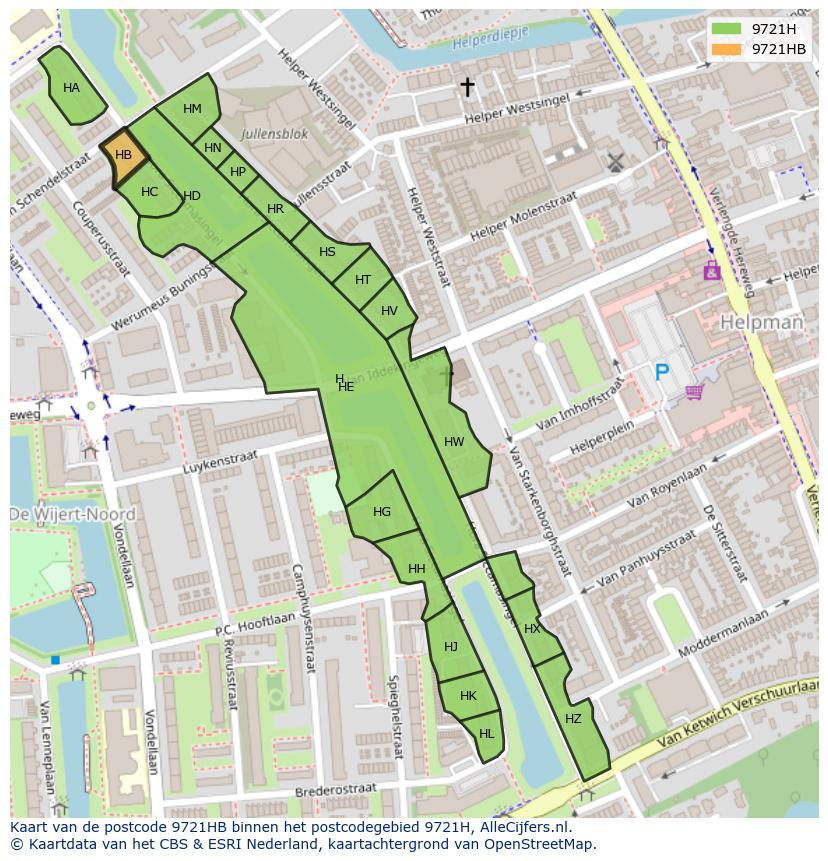 Afbeelding van het postcodegebied 9721 HB op de kaart.