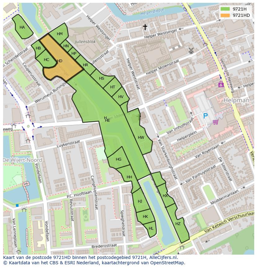 Afbeelding van het postcodegebied 9721 HD op de kaart.