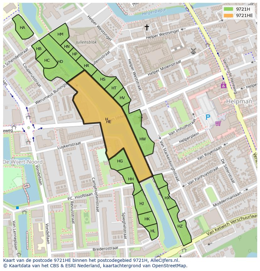 Afbeelding van het postcodegebied 9721 HE op de kaart.