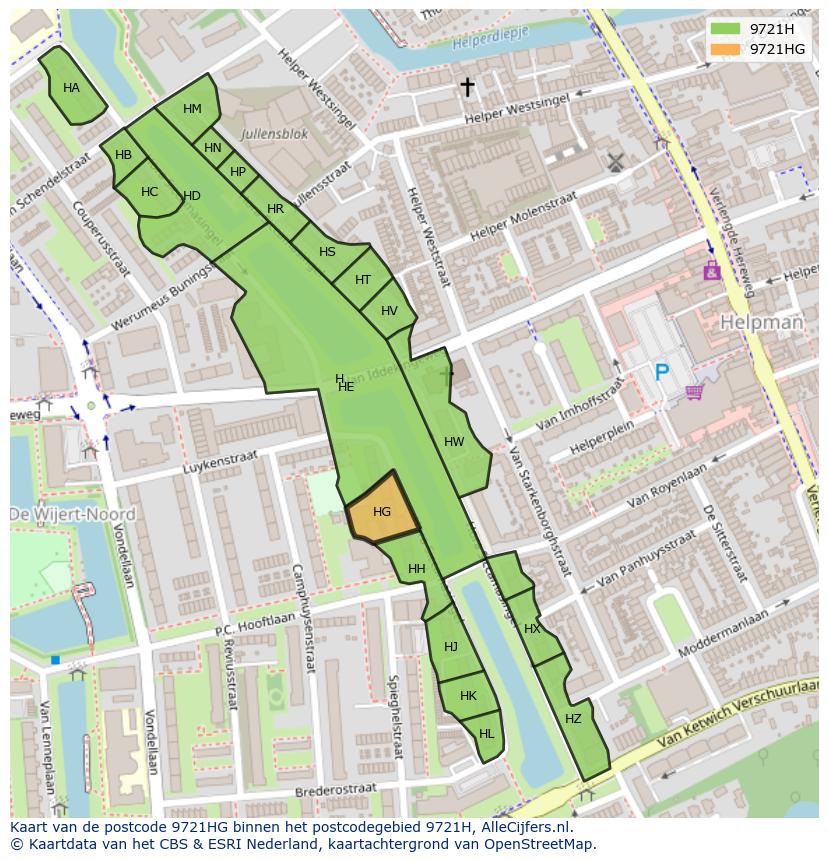 Afbeelding van het postcodegebied 9721 HG op de kaart.