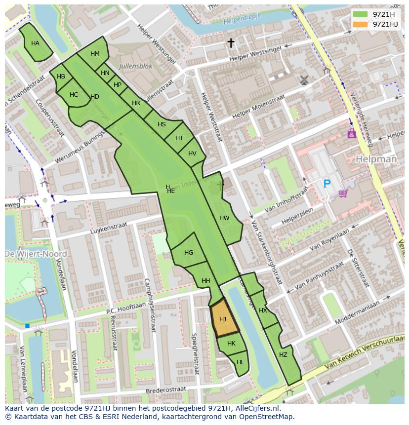 Afbeelding van het postcodegebied 9721 HJ op de kaart.