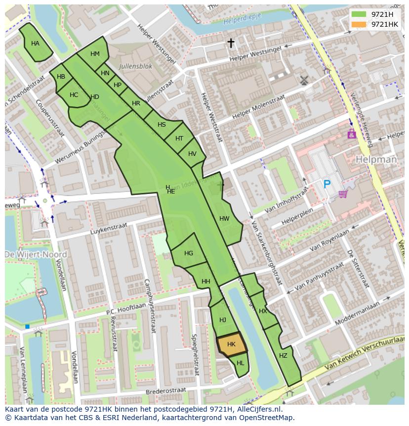 Afbeelding van het postcodegebied 9721 HK op de kaart.