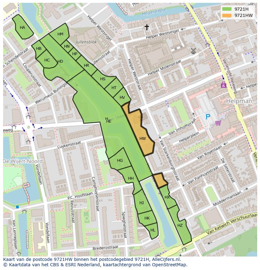 Afbeelding van het postcodegebied 9721 HW op de kaart.