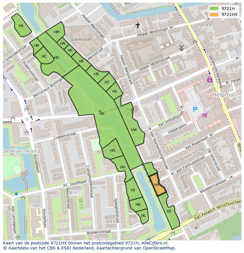 Afbeelding van het postcodegebied 9721 HX op de kaart.