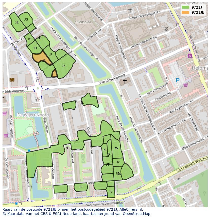 Afbeelding van het postcodegebied 9721 JE op de kaart.