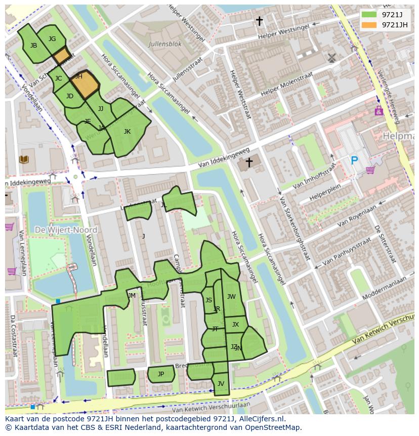 Afbeelding van het postcodegebied 9721 JH op de kaart.