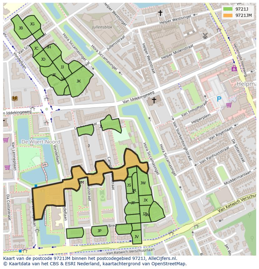 Afbeelding van het postcodegebied 9721 JM op de kaart.