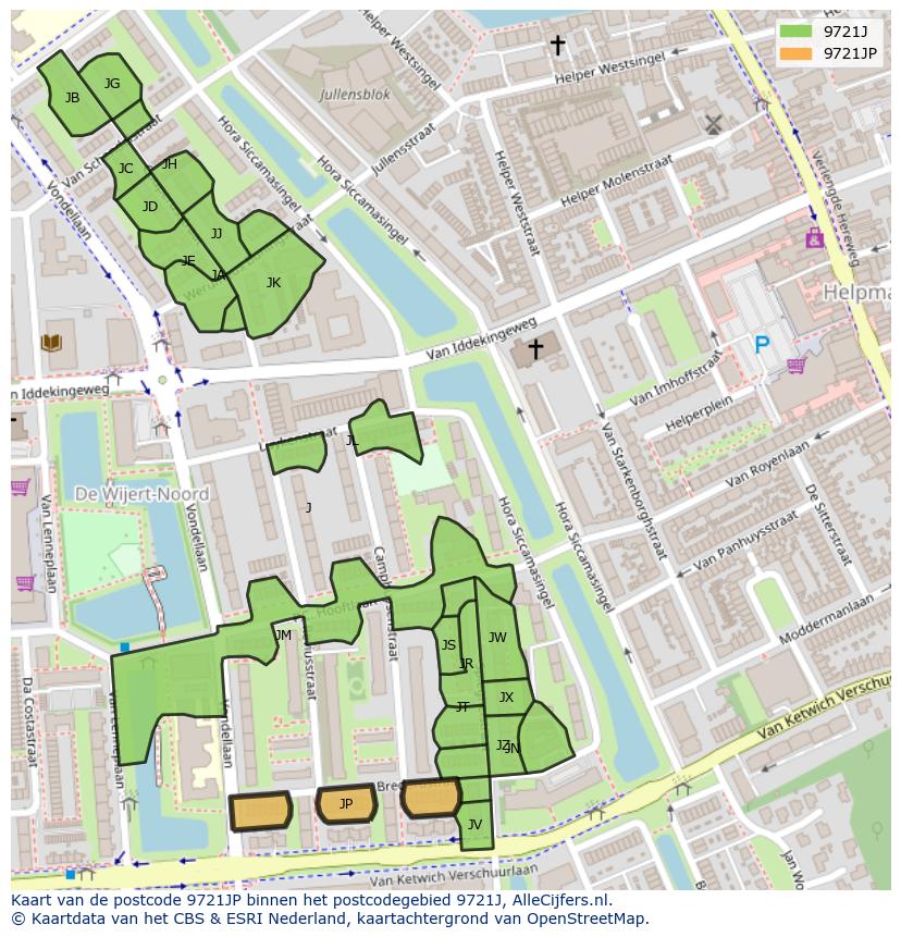Afbeelding van het postcodegebied 9721 JP op de kaart.