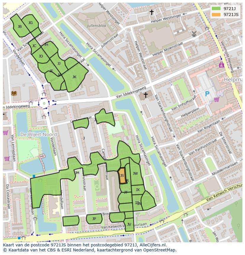 Afbeelding van het postcodegebied 9721 JS op de kaart.