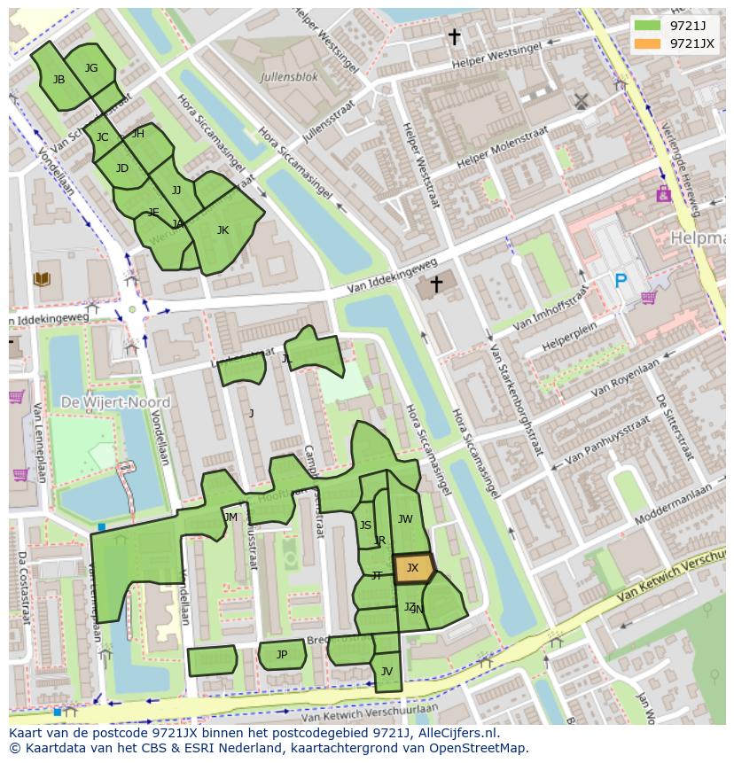 Afbeelding van het postcodegebied 9721 JX op de kaart.