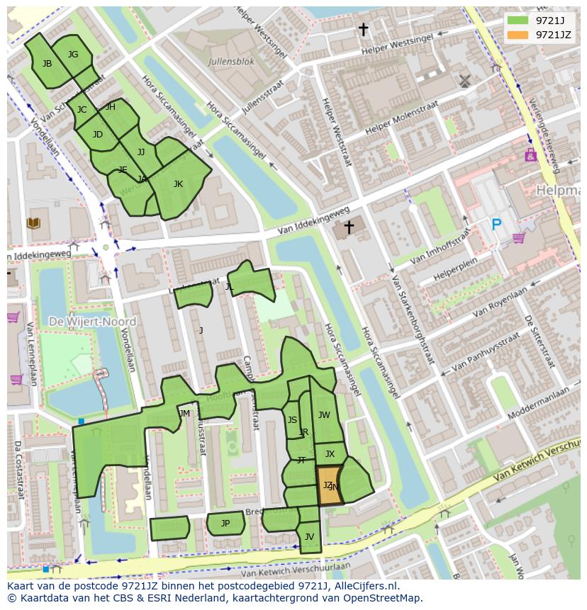 Afbeelding van het postcodegebied 9721 JZ op de kaart.