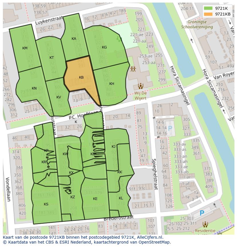 Afbeelding van het postcodegebied 9721 KB op de kaart.