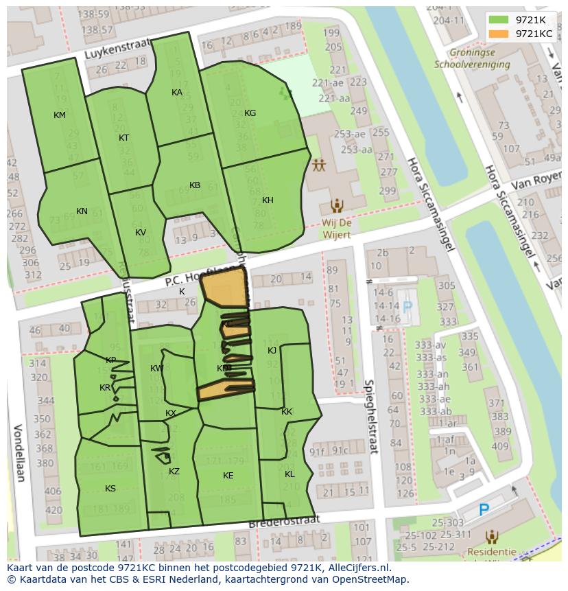 Afbeelding van het postcodegebied 9721 KC op de kaart.