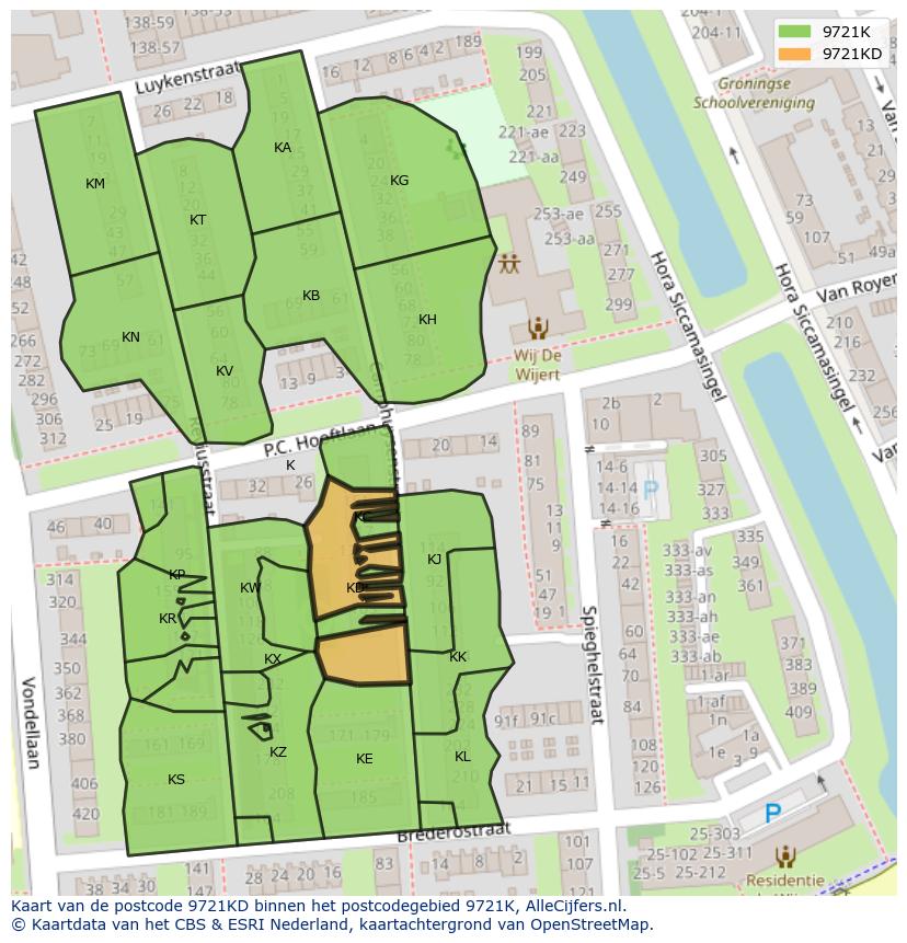Afbeelding van het postcodegebied 9721 KD op de kaart.