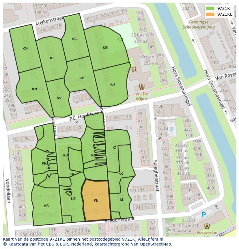 Afbeelding van het postcodegebied 9721 KE op de kaart.