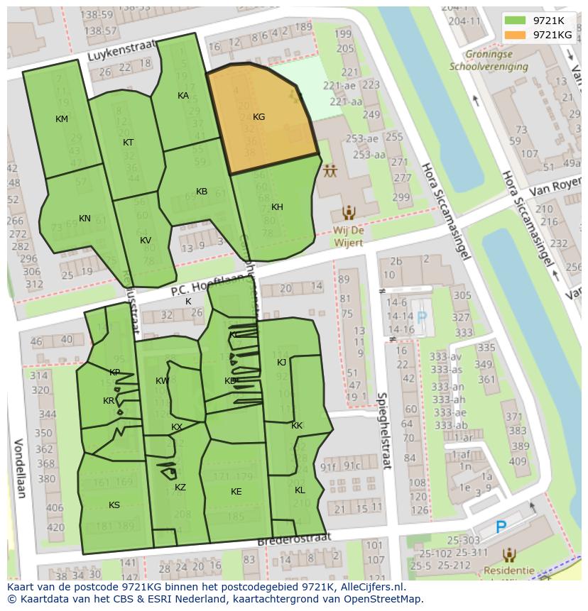Afbeelding van het postcodegebied 9721 KG op de kaart.