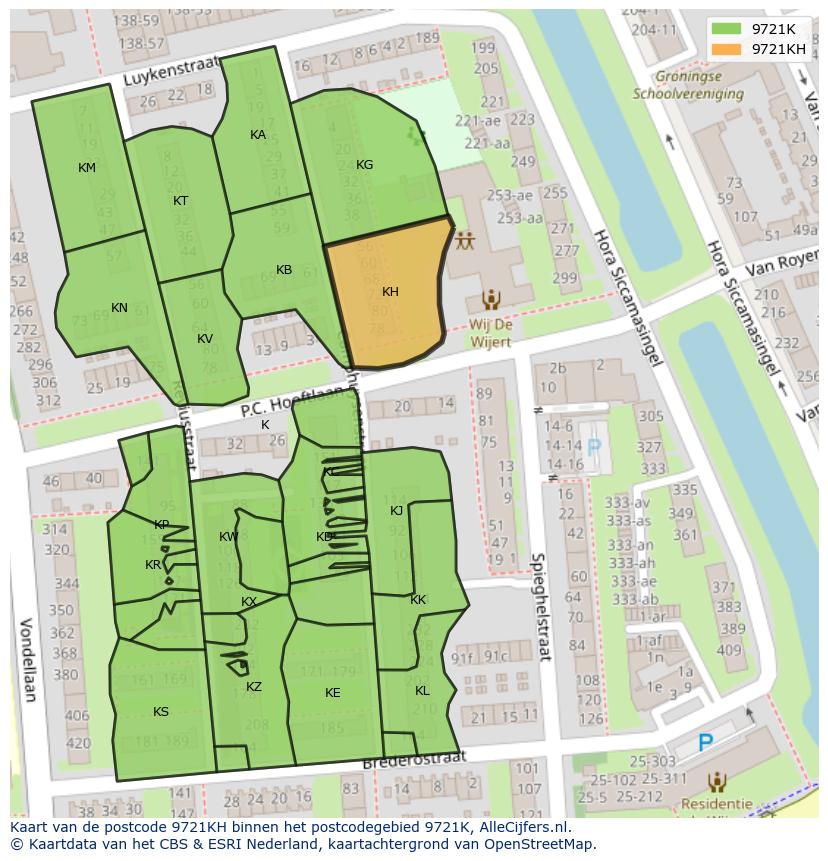 Afbeelding van het postcodegebied 9721 KH op de kaart.