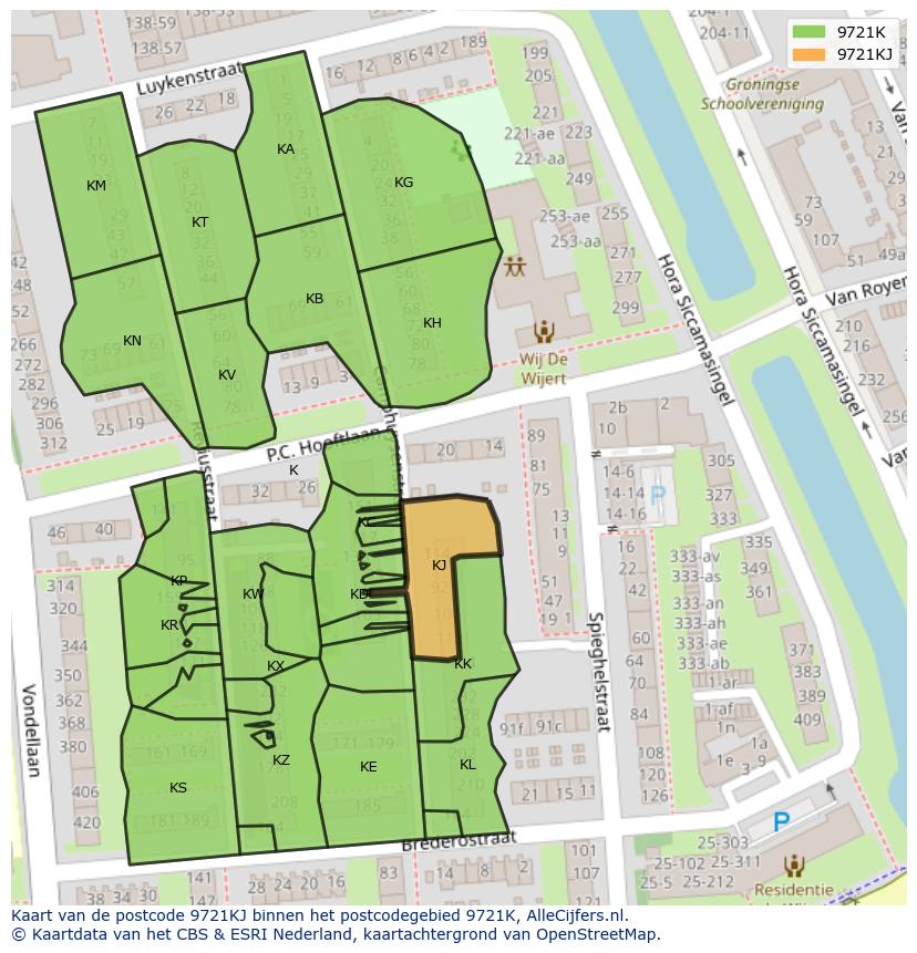Afbeelding van het postcodegebied 9721 KJ op de kaart.
