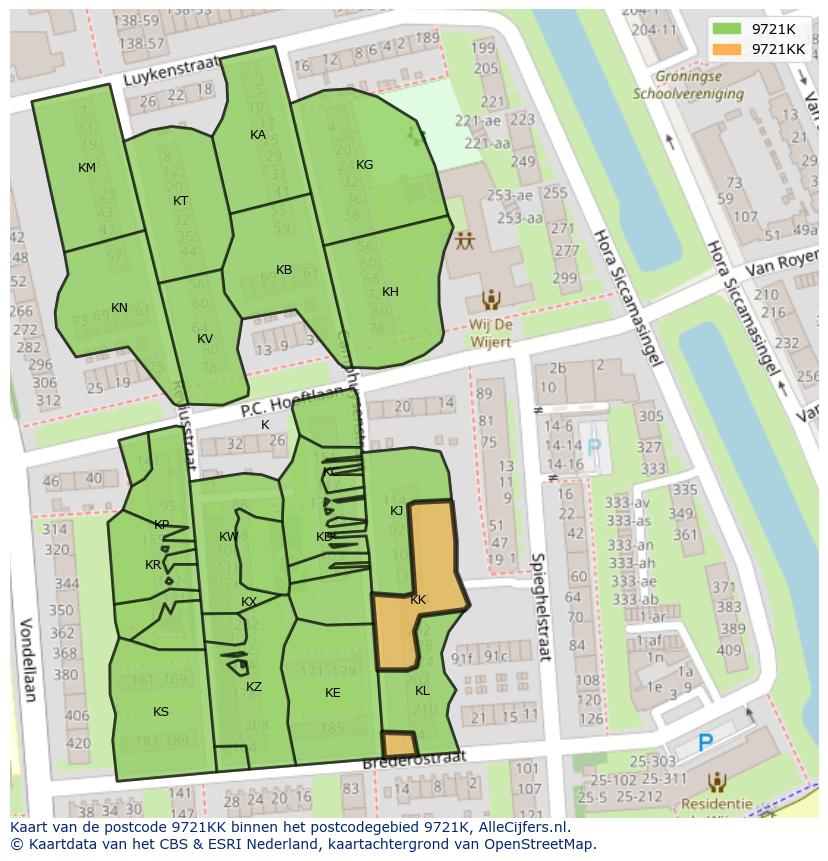 Afbeelding van het postcodegebied 9721 KK op de kaart.