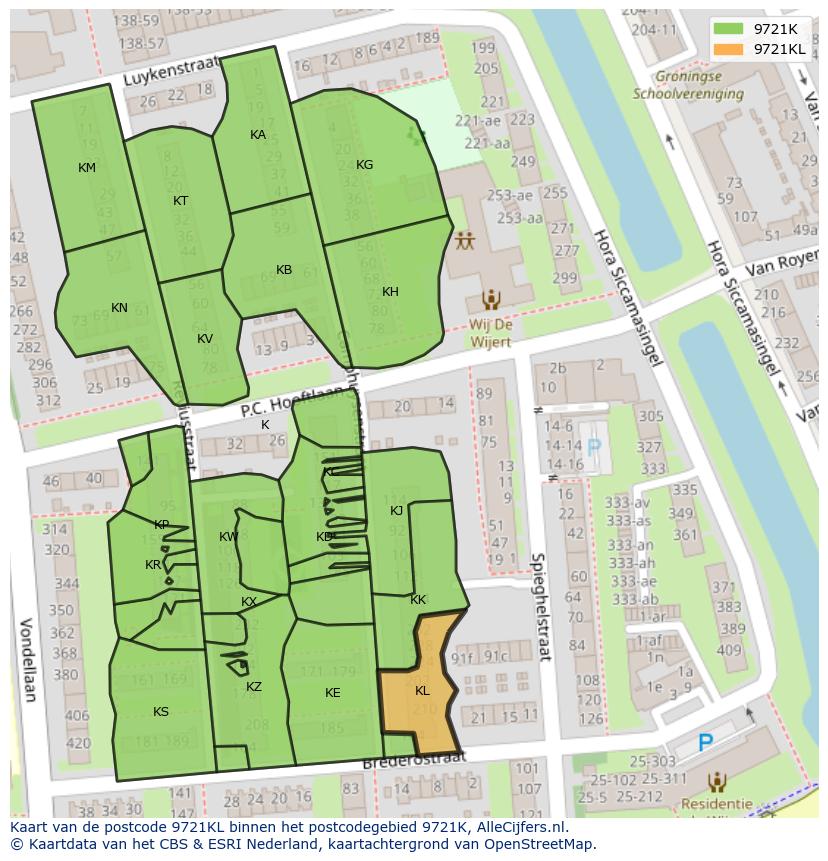 Afbeelding van het postcodegebied 9721 KL op de kaart.