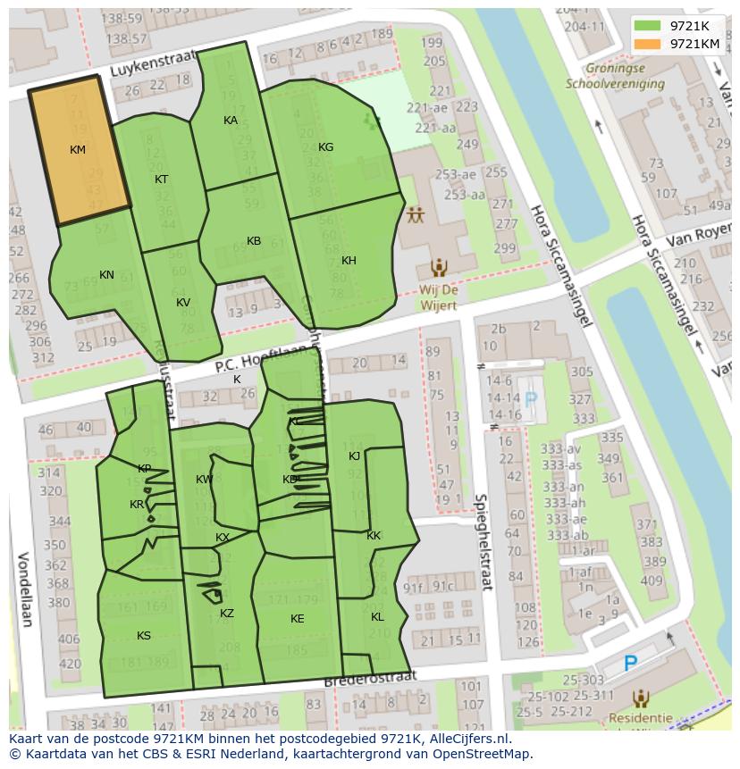 Afbeelding van het postcodegebied 9721 KM op de kaart.