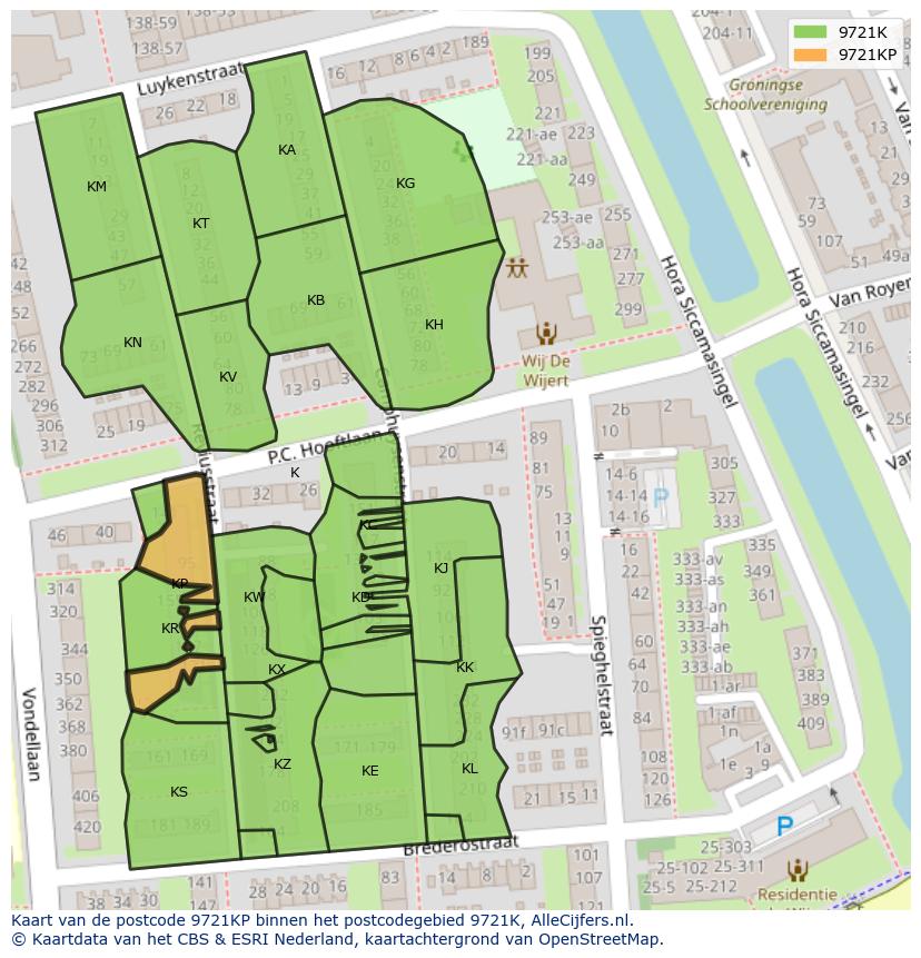 Afbeelding van het postcodegebied 9721 KP op de kaart.