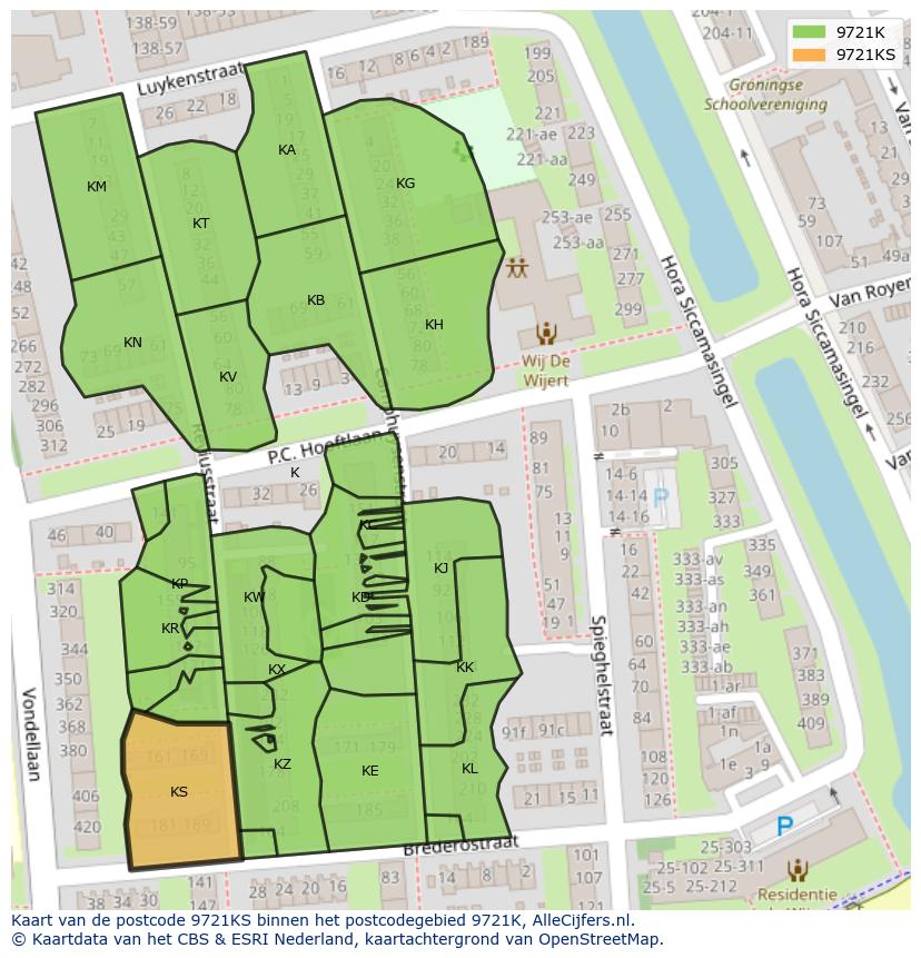 Afbeelding van het postcodegebied 9721 KS op de kaart.