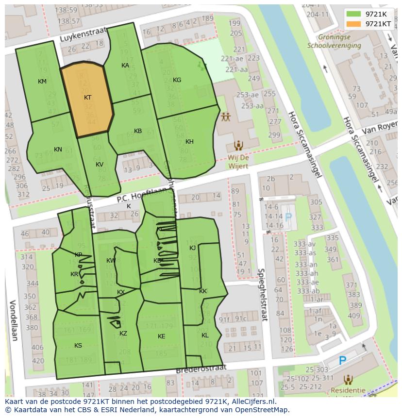 Afbeelding van het postcodegebied 9721 KT op de kaart.