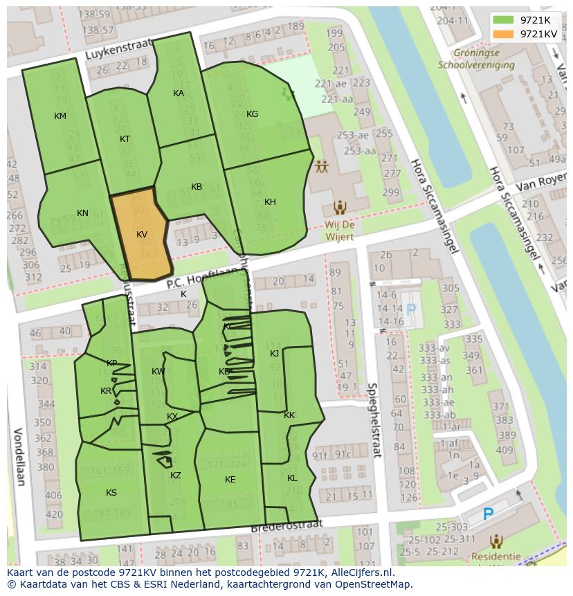 Afbeelding van het postcodegebied 9721 KV op de kaart.